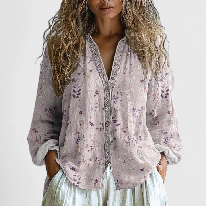Alessandra | Camicetta comoda e vintage con stampa retrò a foglie - Image 2