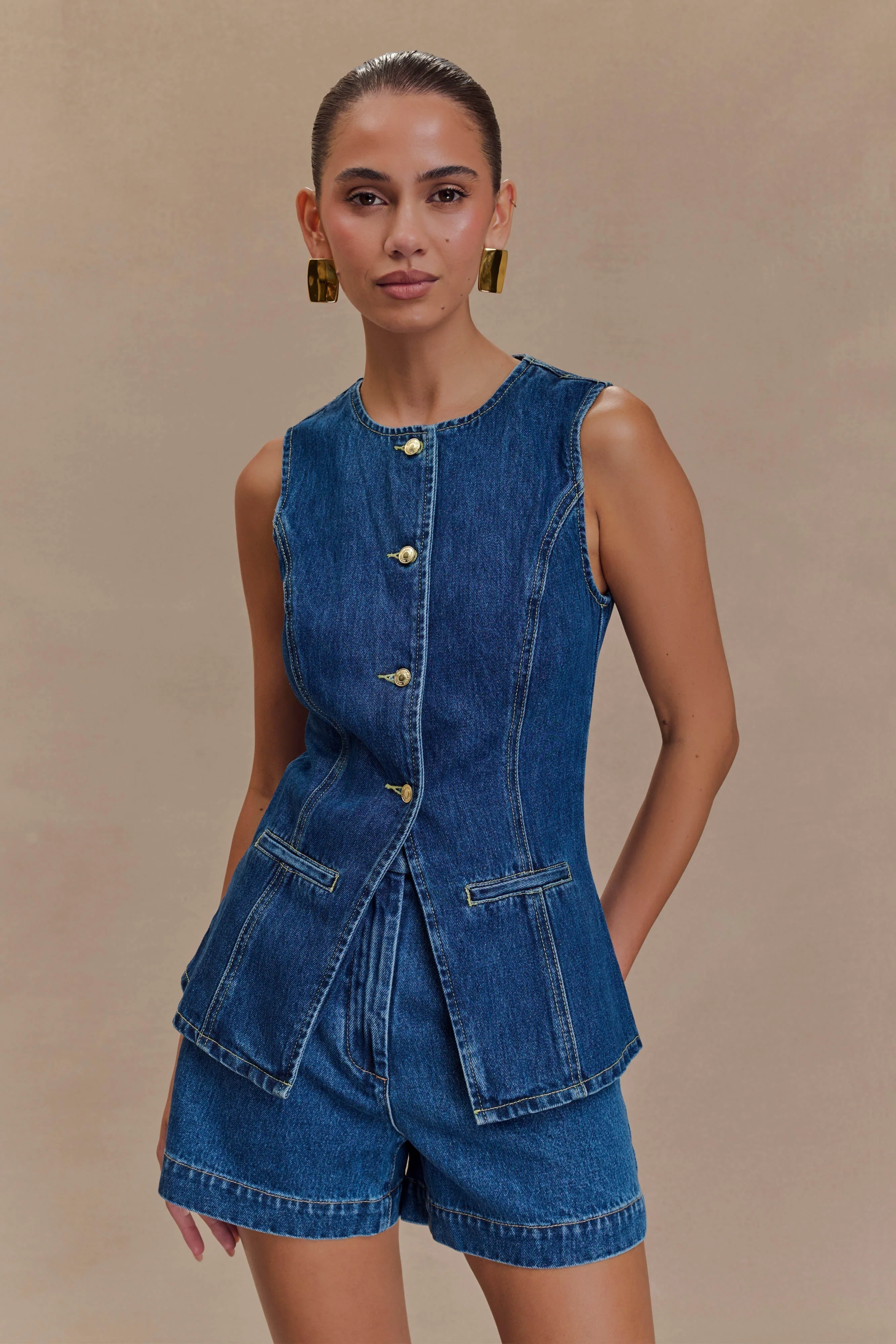 Ava | Completo denim coordinato con top e shorts a vita alta