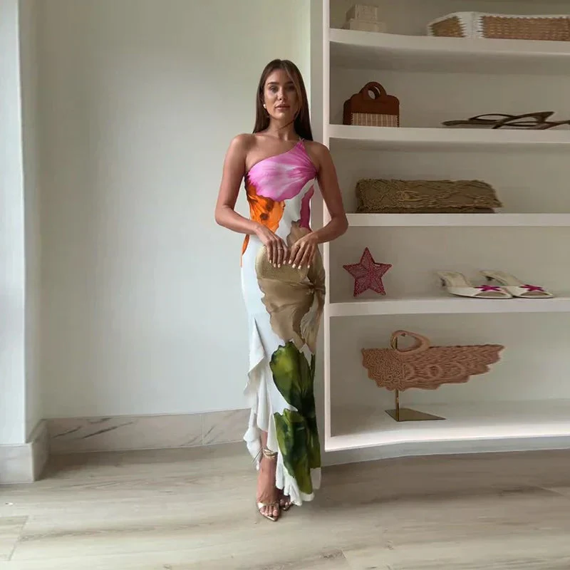Camilla | Elegante Maxi Abito Monospalla Floreale
