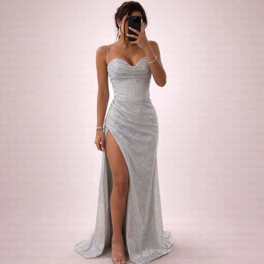 Celeste | Abito lungo con paillettes e corsetto strutturato - Image 4