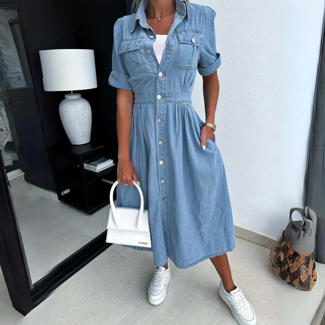 Katrin | Elegante abito midi in denim con maniche a sbuffo - Image 2