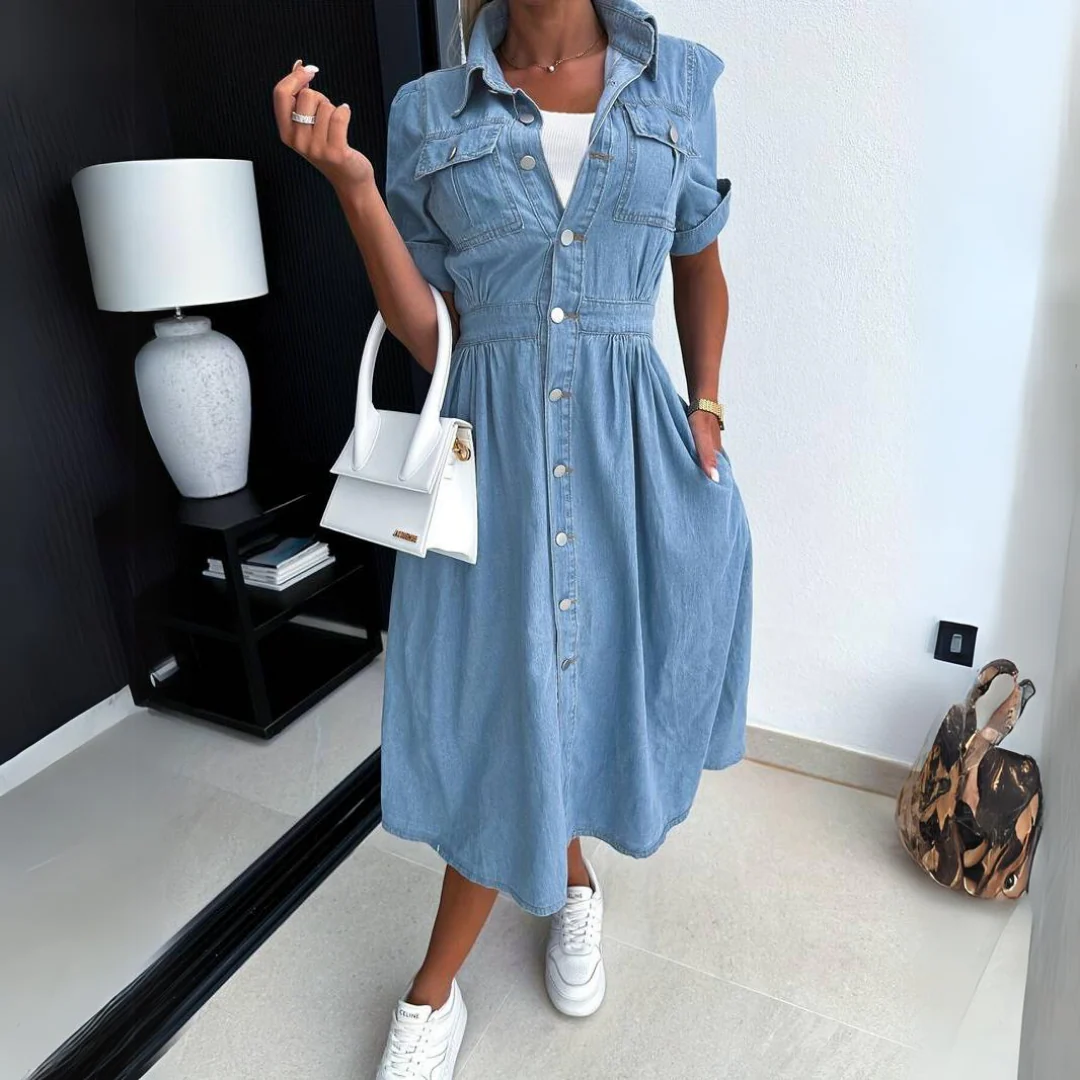Katrin | Elegante abito midi in denim con maniche a sbuffo - Image 3