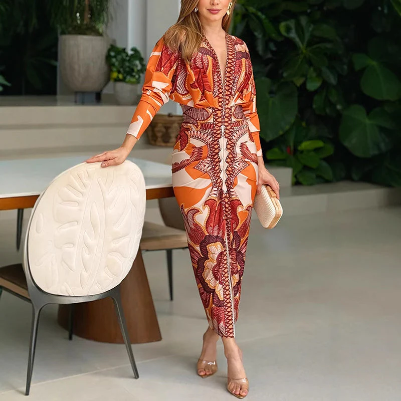 Kerstin | Abito midi aderente con stampa geometrica e scollo a V