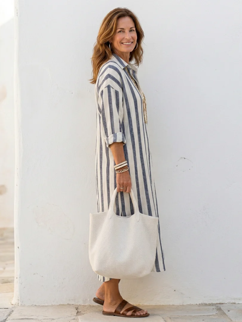 Livia | Abito chemisier midi a righe dall'eleganza sartoriale - Image 3