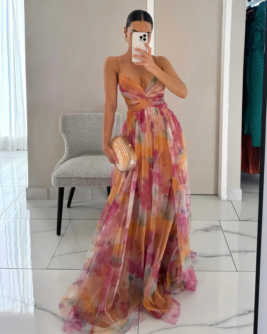 Martina | Elegante Abito Floreale Cerimonia in Chiffon Maxi