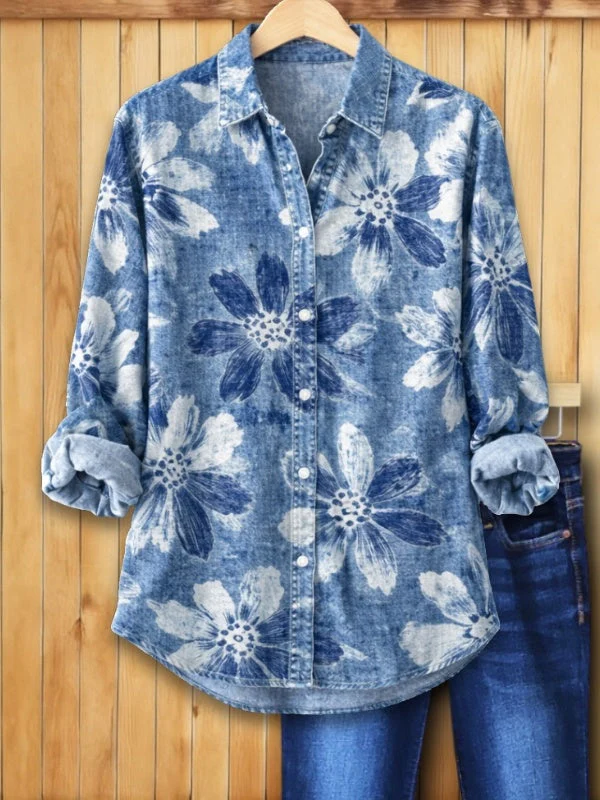 Nerea | Comoda Camicia Donna in Denim Floreale Casual