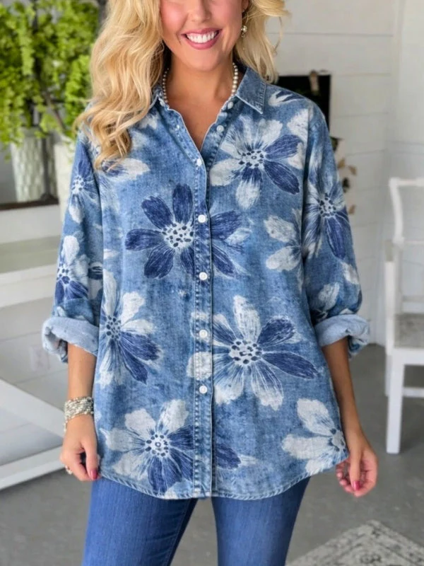 Nerea | Comoda Camicia Donna in Denim Floreale Casual - Image 2