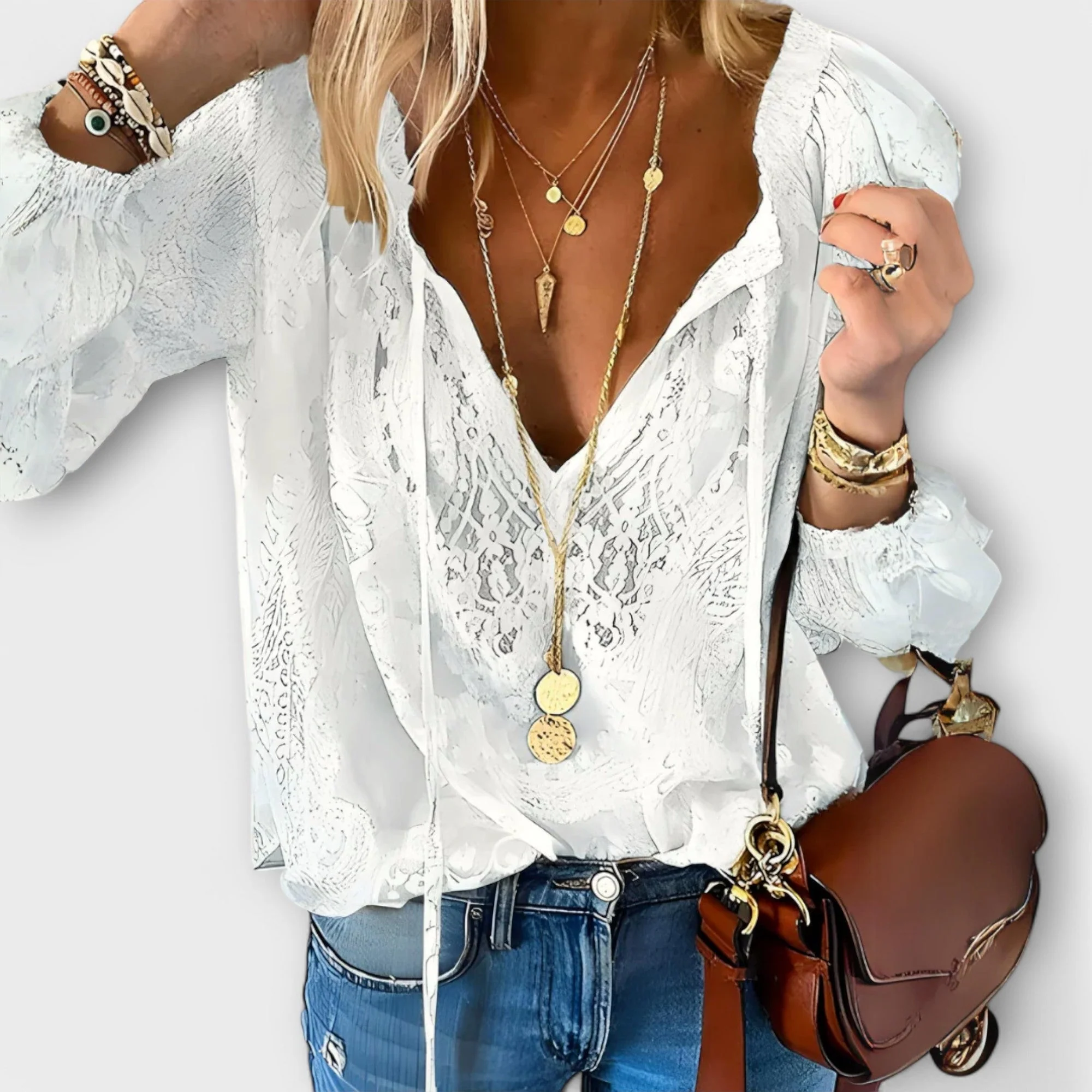 Sofia | Blusa romantica in pizzo con scollo a V e maniche trasparenti