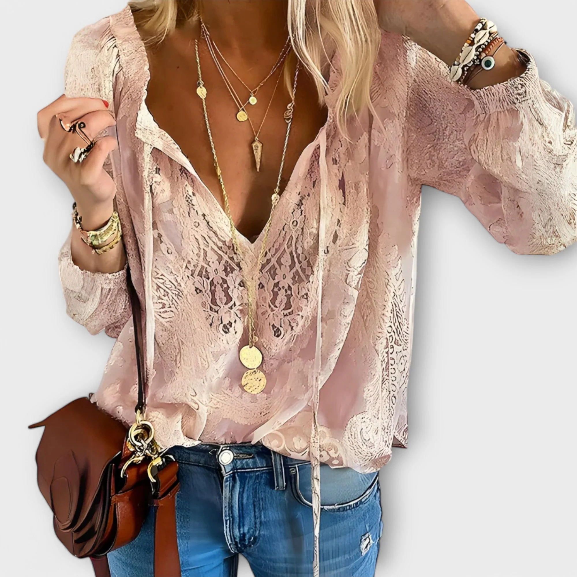 Sofia | Blusa romantica in pizzo con scollo a V e maniche trasparenti - Image 4